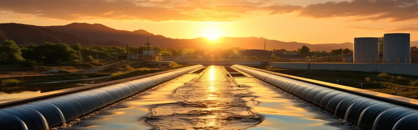 Water treatment management facility, including pipes and tanks during a sunset backdrop.