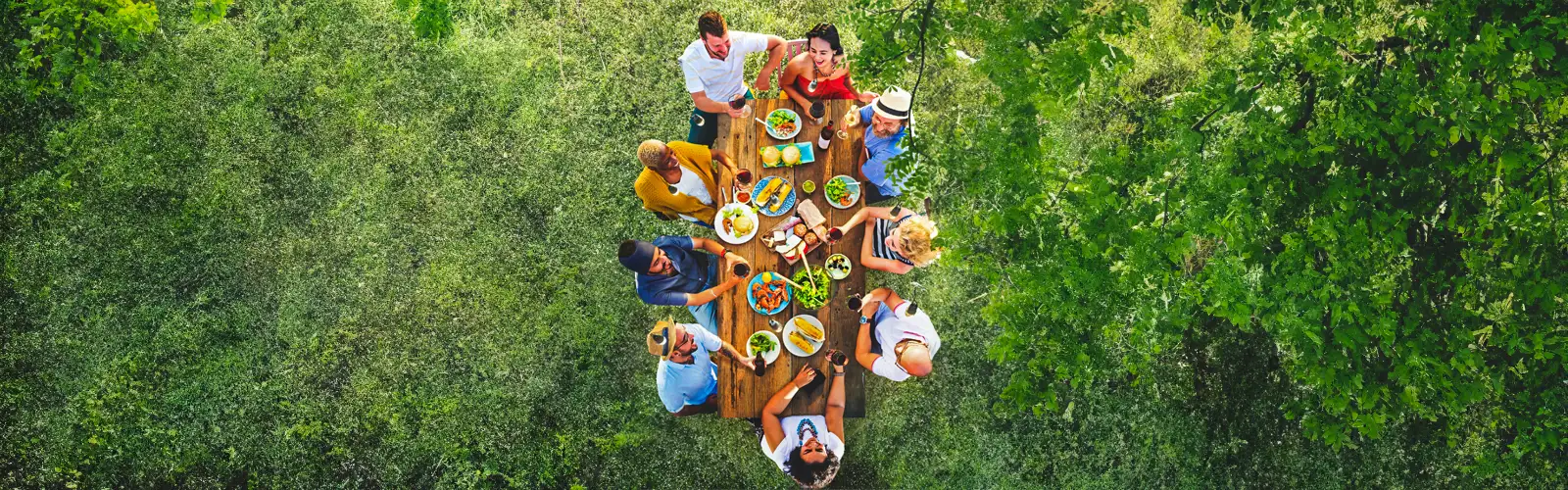 A aerial view of a group of people enjoying a meal at a outdoor gathering.
