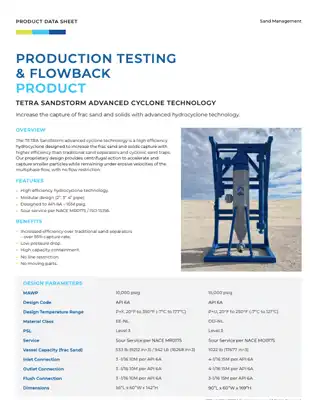 Product data sheet for TETRA SandStorm advanced cyclone technology.