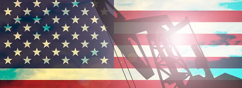 A image collage combining the American U.S. flag, oil pump jack, and clouds in the sky.