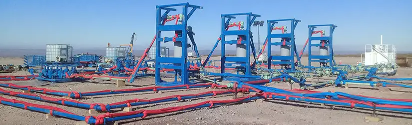 Water management systems structure, with red and blue hoses / pipes.