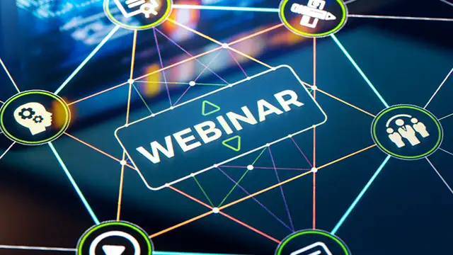 En grafik som framhäver olika element som utgör ett webinar med cirkulära bilder som är förbundna med linjer.
