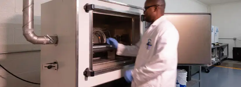 Laboratoriotakkiin, suojalaseihin ja sinisiin käsineisiin pukeutunut henkilö työskentelee laitteen kanssa, jonka ovi on auki ja jonka sisällä on osa.